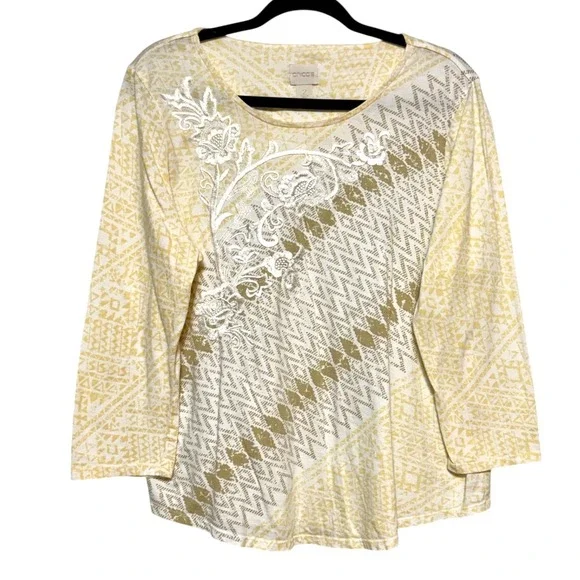 Chico's Size 2 Soft Girl Embroidered Top Womens Large Parisian Coastal Grandma - Picture 1 of 7